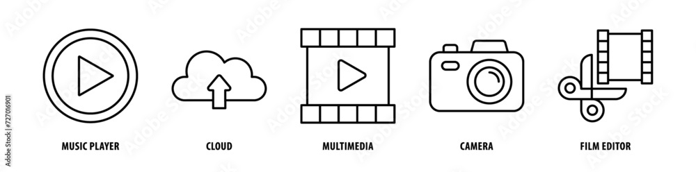 Set of Film Editor, Camera, Multimedia, Cloud, Music Player icons, a collection of clean line icon illustrations with editable strokes for your projects Set of Film Editor, Camera, Multimedia, Cloud, Music Player icons, a collection of clean line icon illustrations with editable strokes for your projects