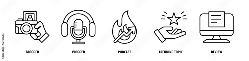 Set of Review, Trending Topic, Podcast, Vlogger, Blogger icons, a collection of clean line icon illustrations with editable strokes for your projects Set of Review, Trending Topic, Podcast, Vlogger, Blogger icons, a collection of clean line icon illustrations with editable strokes for your projects