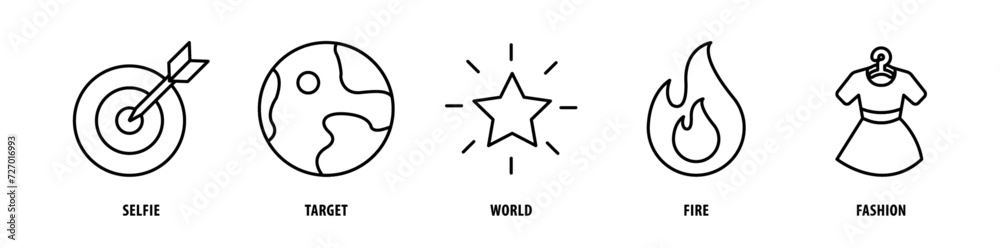 Set of Fashion, Fire, World, Target, Selfie icons, a collection of clean line icon illustrations with editable strokes for your projects Set of Fashion, Fire, World, Target, Selfie icons, a collection of clean line icon illustrations with editable strokes for your projects