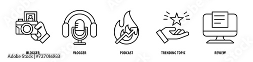 Set of Review, Trending Topic, Podcast, Vlogger, Blogger icons, a collection of clean line icon illustrations with editable strokes for your projects photo
