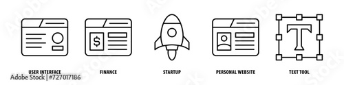 Set of Text Tool, Personal Website, Startup, Finance, User Interface icons, a collection of clean line icon illustrations with editable strokes for your projects
