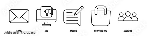Set of Audience, Shopping Bag, Tagline, Ads, Email icons, a collection of clean line icon illustrations with editable strokes for your projects