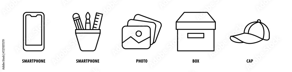 Set of Cap, Box, Photo, Smartphone, Smartphone icons, a collection of clean line icon illustrations with editable strokes for your projects Set of Cap, Box, Photo, Smartphone, Smartphone icons, a collection of clean line icon illustrations with editable strokes for your projects