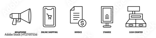 Set of Cash Counter, Standee, Invoice, Online Shopping, Megaphone icons, a collection of clean line icon illustrations with editable strokes for your projects