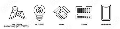 Set of Smartphone, Barcode, Order, Increasing, Placeholder icons, a collection of clean line icon illustrations with editable strokes for your projects