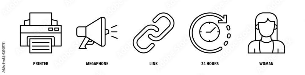 Set of Woman, 24 Hours, Link, Megaphone, Printer icons, a collection of clean line icon illustrations with editable strokes for your projects Set of Woman, 24 Hours, Link, Megaphone, Printer icons, a collection of clean line icon illustrations with editable strokes for your projects