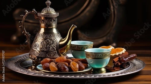 Arabic coffee pot with sweets and dates Happy Ramadan