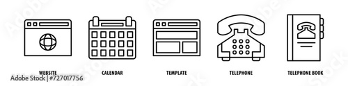 Set of Telephone Book, Telephone, Template, Calendar, Website icons, a collection of clean line icon illustrations with editable strokes for your projects