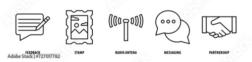 Set of Partnership, Messaging, Radio Antennas, Stamp, Feedback icons, a collection of clean line icon illustrations with editable strokes for your projects