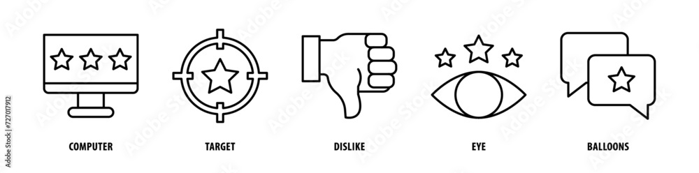 Set of Balloon, Seye, Dislike, Target, Computer icons, a collection of clean line icon illustrations with editable strokes for your projects Set of Balloon, Seye, Dislike, Target, Computer icons, a collection of clean line icon illustrations with editable strokes for your projects