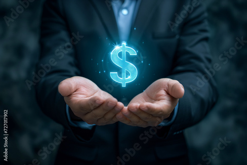 Neon Dollar Sign in Hands - Finance Concept