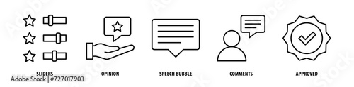 Set of Approved, Comments, Speech Bubble, Opinions, Sliders icons, a collection of clean line icon illustrations with editable strokes for your projects
