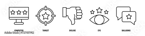 Set of Balloon, Seye, Dislike, Target, Computer icons, a collection of clean line icon illustrations with editable strokes for your projects