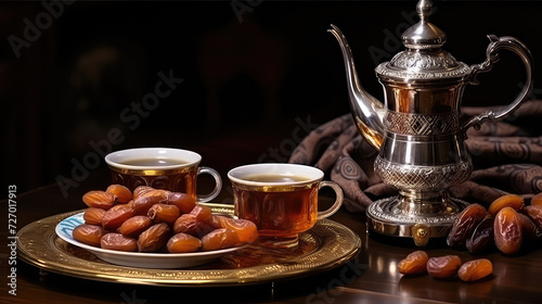 Arabic coffee pot with sweets and dates Happy Ramadan