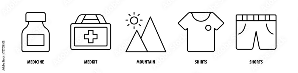 Set of Shorts, Shirts, Mountain, Medkit, Medicine icons, a collection of clean line icon illustrations with editable strokes for your projects Set of Shorts, Shirts, Mountain, Medkit, Medicine icons, a collection of clean line icon illustrations with editable strokes for your projects