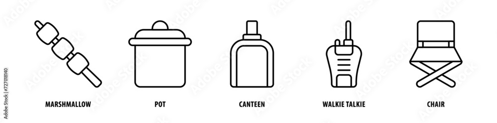 Set of Chair, Walkie Talkie, Canteen, Pot, Marshmallow icons, a collection of clean line icon illustrations with editable strokes for your projects
