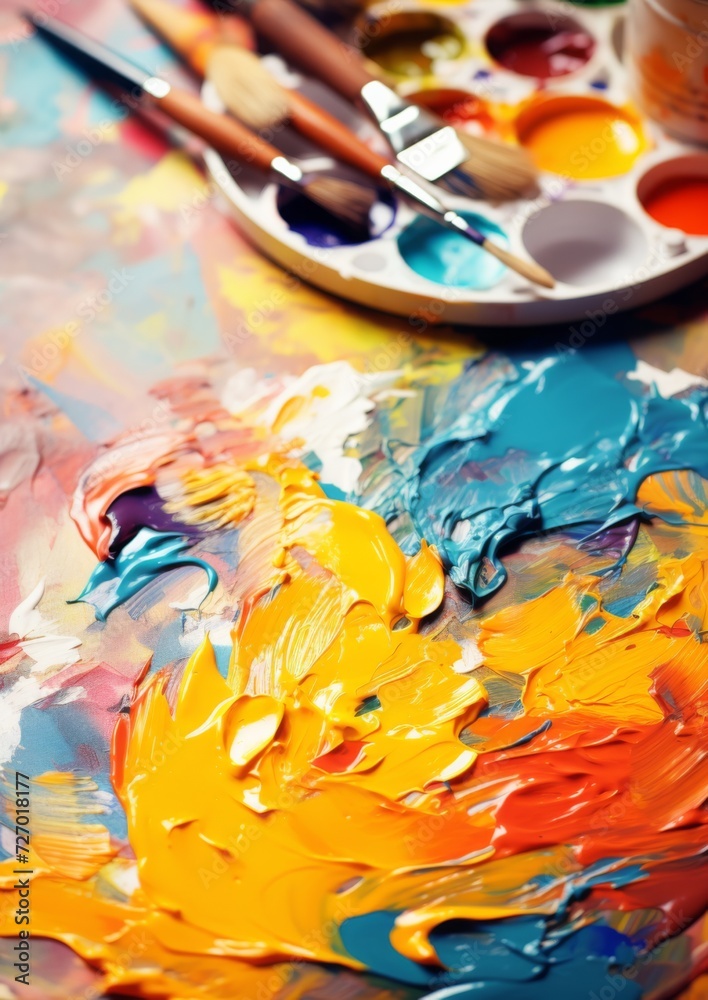 Fototapeta premium Tempera colors with brushes on a light background. Generative AI.