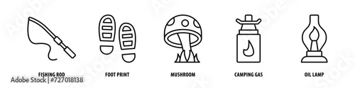 Set of Oil Lamp, Camping Gas, Mushroom, Footprint, Fishing Rod icons, a collection of clean line icon illustrations with editable strokes for your projects
