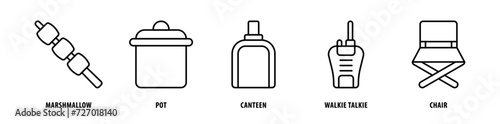 Set of Chair, Walkie Talkie, Canteen, Pot, Marshmallow icons, a collection of clean line icon illustrations with editable strokes for your projects