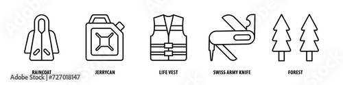 Set of Forest, Swiss Army Knife, Life Vest, Jerrycan, Raincoat icons, a collection of clean line icon illustrations with editable strokes for your projects