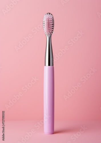 White toothbrush on a pink background. Generative AI.