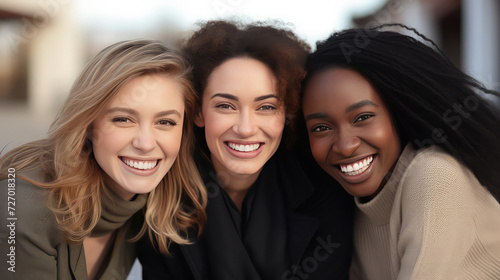Three girls Asian, European and black portraits smiling close up