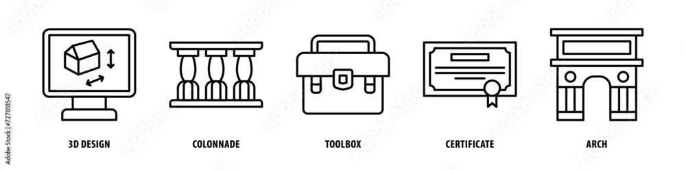 Set of Arch, Certificate, Toolbox, Colonnade, 3D Design icons, a collection of clean line icon illustrations with editable strokes for your projects