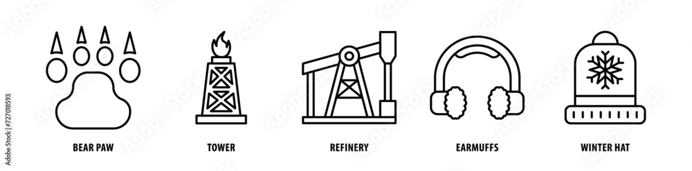 Set of Winter Hat, Earmuffs, Refinery, Tower, Bear Paw icons, a collection of clean line icon illustrations with editable strokes for your projects Set of Winter Hat, Earmuffs, Refinery, Tower, Bear Paw icons, a collection of clean line icon illustrations with editable strokes for your projects