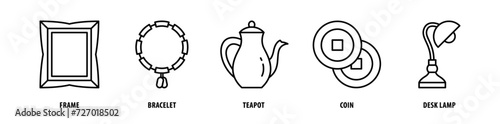 Set of Desk Lamp, Coin, Teapot, Bracelet, Frame icons, a collection of clean line icon illustrations with editable strokes for your projects