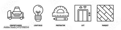 Set of Parquet, Lift, Protractor, Light Bulb, Concrete Mixer icons, a collection of clean line icon illustrations with editable strokes for your projects