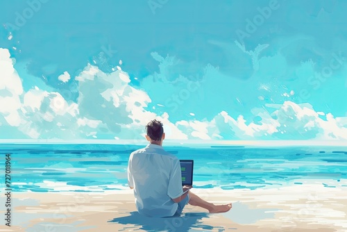 man on beach with laptop working on skyscraper roof man photo