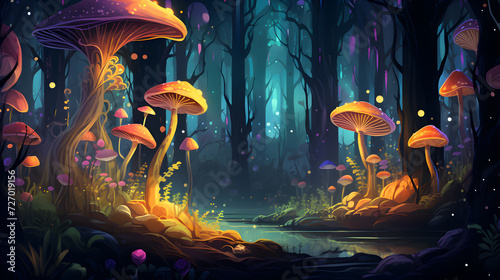 Mystic Glow of Fungal Luminescence in a Dark Forest A Colourful Vibrant PhotoRealistic Concept,, Mystic Glow of Fungal Luminescence in a Dark Forest A Colourful Vibrant PhotoRealistic Concept Mystic 