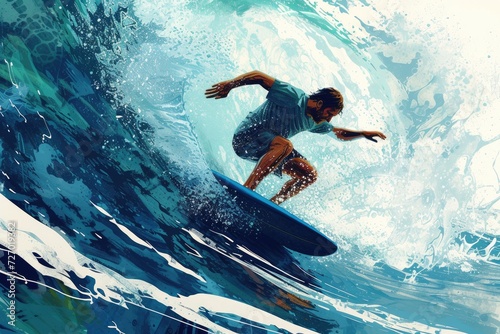man surfing in short sleeve shirt and blue board