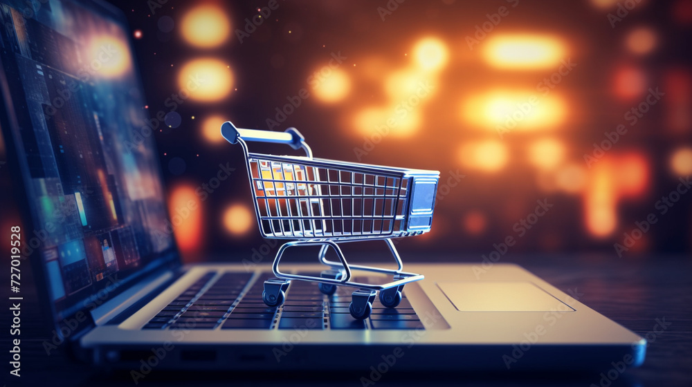 shopping cart on the market, laptop with shop cart background, Digital E-Commerce Sales Increase.
A laptop displaying a shopping cart with various items, illustrating the concept of e-commerce and dig