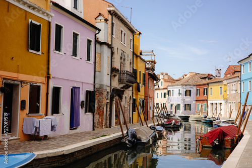 Colorful Canals of Burano, Italy - Picturesque Scene with Boats and Houses Reflecting in Water