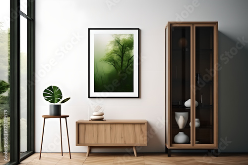 interior of a room   Cabinet  wooden table  frame hanging on a white wall  window  vase  plant