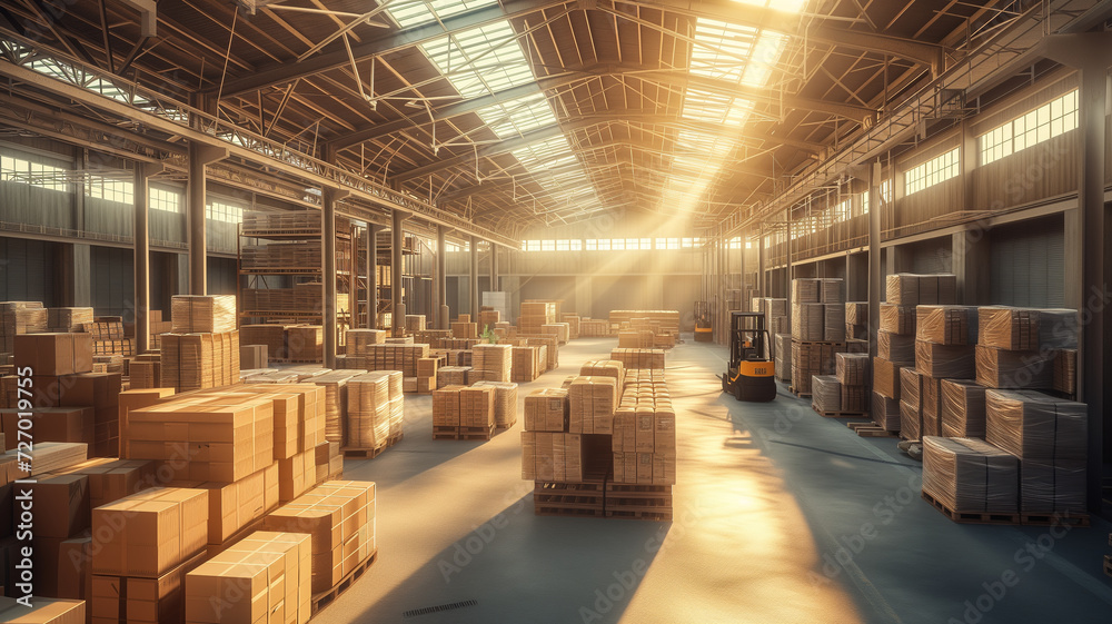 Warehouse full of shelves with goods in cartons, with pallets and forklifts. Logistics and transportation