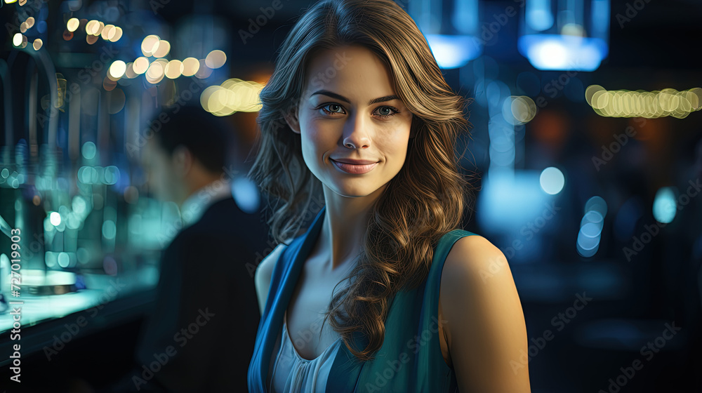 Obraz premium Stunning young woman exudes an aura of enchantment as she stands gracefully in front of the bar, radiating her captivating presence.