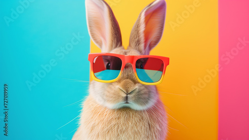 A rabbit wearing colorful sunglasses with colorful background