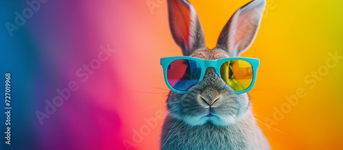 A rabbit wearing colorful sunglasses with colorful background