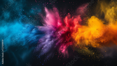 Colorful rainbow holi paint color powder explosion garland banner isolated dark background.