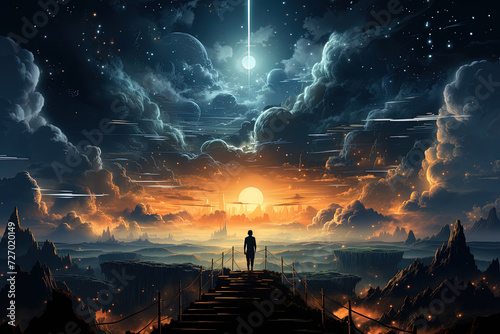 Ascending the Celestial Stairway: A Soulful Man Reaches New Heights Above the Clouds