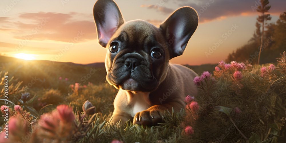 Ravishing hyper realistic digital portrait of happy french bulldog in nature, 
 - obrazy, fototapety, plakaty 