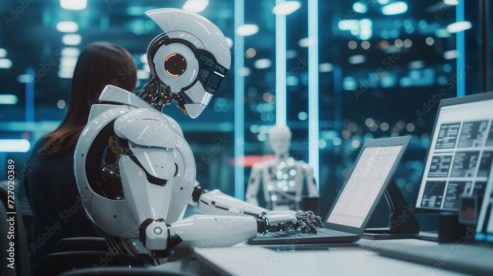 Robot and human working side by side in a high-tech lab. The robot is assisting in complex data analysis, symbolizing collaborationใ