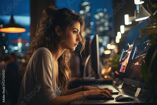 Thoughtful woman is immersed in her work at a computer, the soft glow of the city night enveloping her in a blanket of urban serenity.