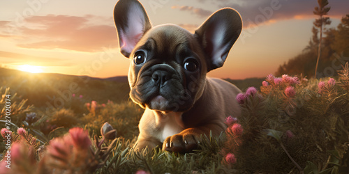 Ravishing hyper realistic digital portrait of happy french bulldog in nature, 
 photo