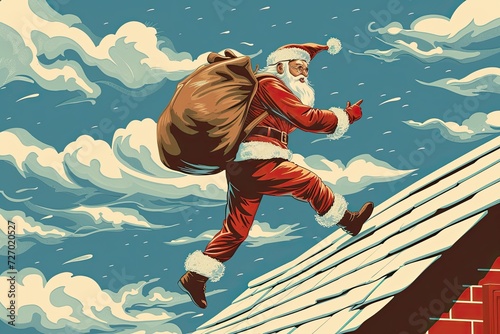 santa claus running over the roof with his sack of gifts