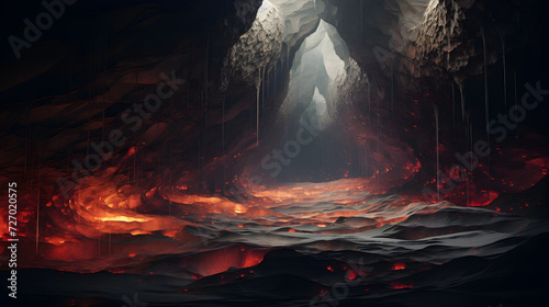 Underground, molten lava cave. digital art. deep cavern. 3d illustration,, massive underground cave with lava river landscape illustration Pro Photo