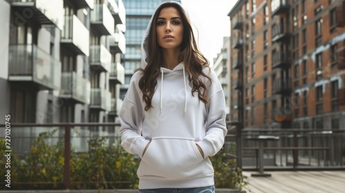 A model standing in an urban setting, her hands in the pockets of a plain hoodie, mockup