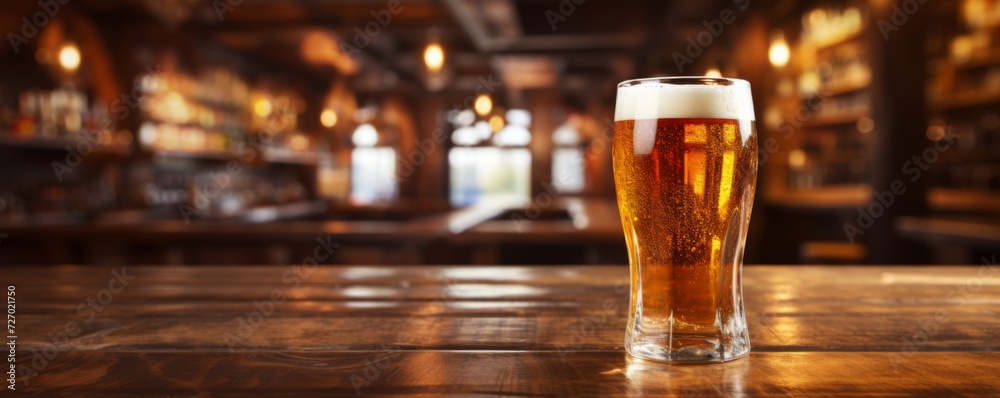A glass of beer on a wooden table in a pub. Generative AI.